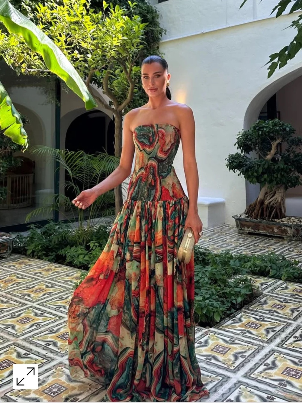 Strapless Marble-Print Maxi Dress in Red, Green & Cream